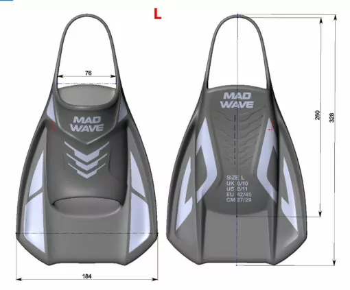 Mad Wave Open Heel Training Kurzflossen aus Silikon mit Größenangaben für effektives Schwimmtraining