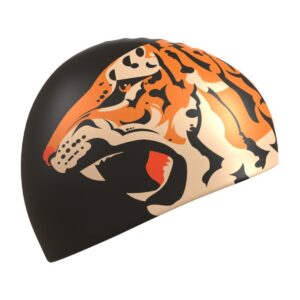 MAD WAVE SILICONE SWIMCAP TIGER schwarze Silikon-Badekappe mit Tigermuster in Vorderansicht